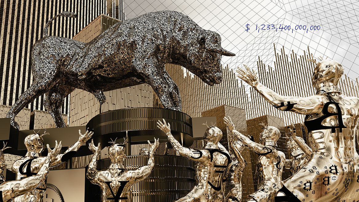 Dancers made of gold, with large black currency symbols, surround a wild bull standing on a pedestal. The dancers have collars and ties with antenna-like crowns. They worship the bull, also covered with Aztec codes: an adaptation of the dance around the Golden Calf.