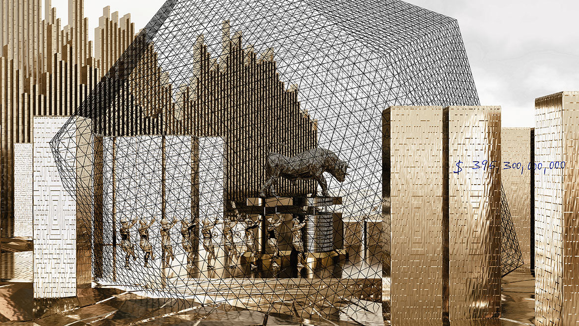 The scene viewed from a greater distance. The bull and the stage with the dancers is secured in a large cage. Around it are golden skyscrapers.