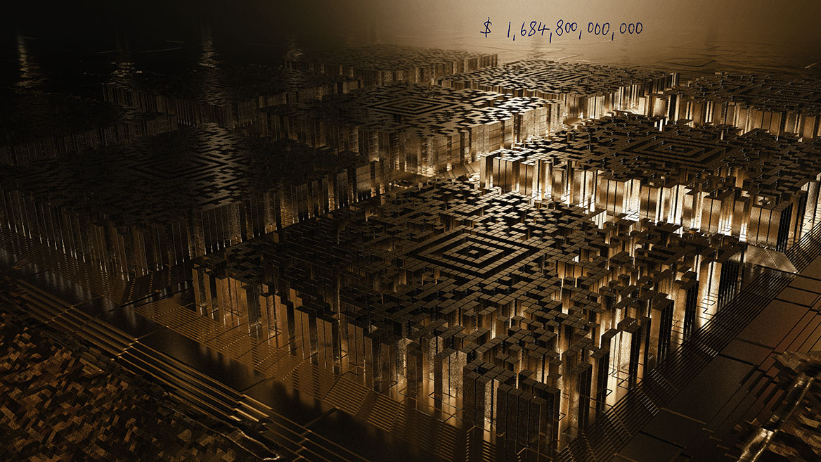 Sonnenaufgang über der Stadt El Dorado. Alle Hochhäuser sind aus purem Gold, sogar die Fundamente schimmern golden. Die Labyrinthe der neun Stadtteile sind in Form von Aztec-Codes gebaut.