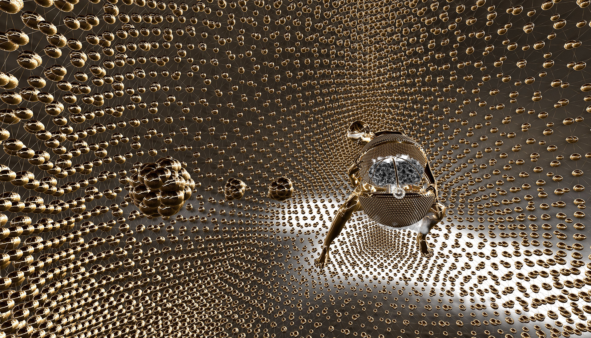 Totale des Künstlers Heinz Hermann Maria Hoppe aus München zeigt einen weiblichen, goldenen Engel, der eine große, geöffnete Schatulle zeigt. In der Büchse der Pandora steigt ein Atompilz auf. Das gesamte Umfeld ist durch atomare, goldene Strukturen definiert. Atomkerne fliegen in Richtung der Pandora.