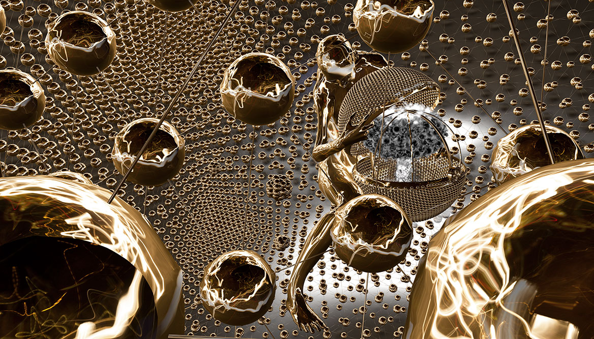 Perspektivwechsel. Das digitale Gemälde zeigt Pandora mit der Büchse von oben. Atome und Moleküle sind Teil der Komposition.