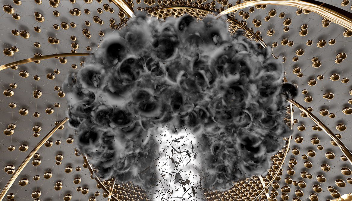 Digitale Kunst. Detailansicht des gemalten Atompilzes von untern (Froschperspektive).