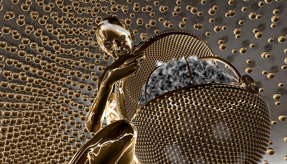 Digital art. Frog's perspective of Pandora with the box. Reflections on the golden surfaces and strong contrasts make the atoms appear plastic.