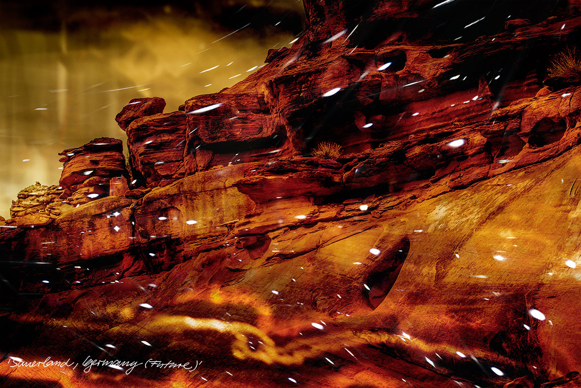 Art photography: Perspective aligned mountain wall with indentations and rust colored surface.