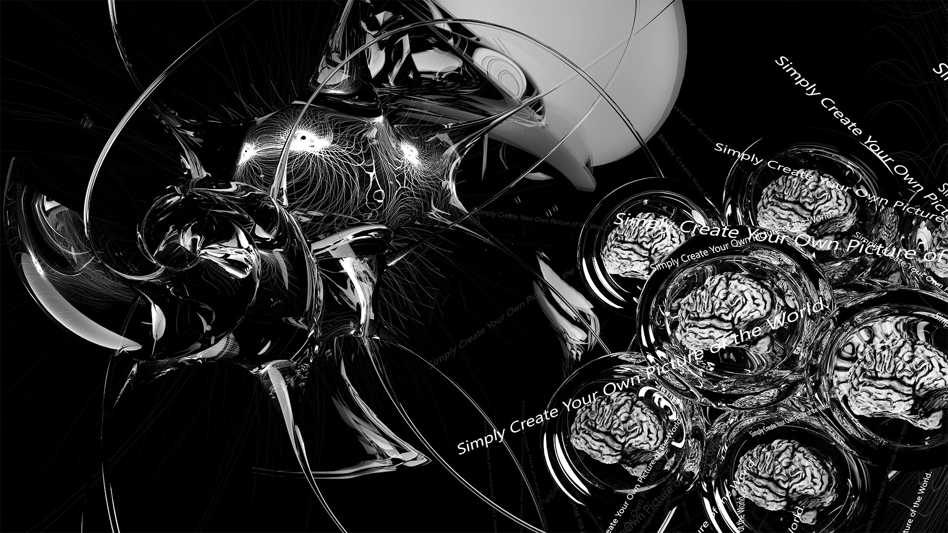 In diesem Motiv umspülten Textzeilen mit dem Wortlaut -Simply Create Your Own Picture of the World- die Kalotten mit den Gehirnen. Ein futuristisches transparentes Objekt mit mehreren Bogengängen und Lichtblitzen im Innern wirkt von der linken Bildseite her auf Gruppe der Gehirne ein.