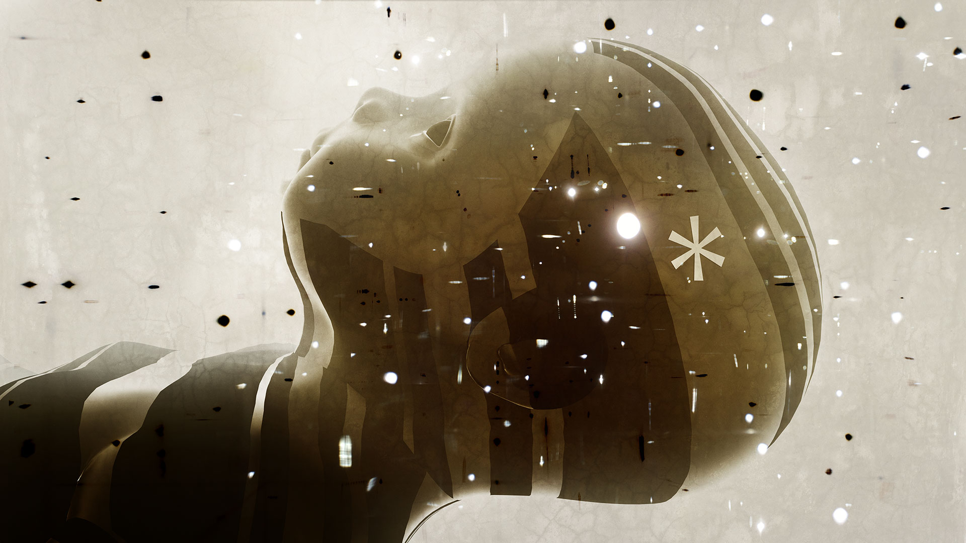 Portrait of a baby in side view. The child, digitally painted in 3D, looks upward into the world with open eyes. Patterns of a genetic code are drawn over the head and torso, and a star symbol can be seen on the side of the head. The image also looks artificial and futuristic due to many reflections and is pure fiction.