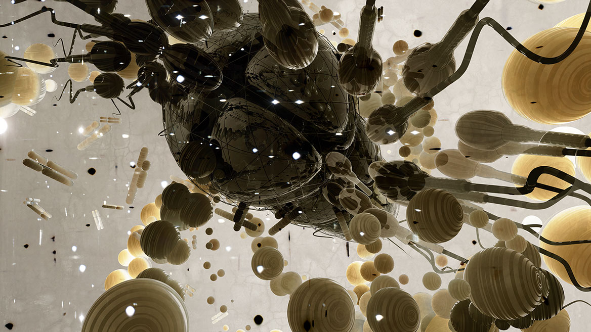 In another composition, chromosomes are visible alongside the male sperm cells, which also have a genetic code. The digital work is dynamically constructed and, like all the images in this series, digitally painted in yellow-brown tones.