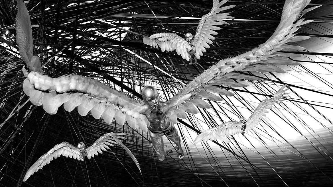 Die Gruppe fliegt unterhalb der dolchartigen Sonnenstrahlen und versucht, ihnen auszuweichen. Die bedrohliche Sonne ist eine Anspielung auf die Ikaros-Sage, in dem der Wachs zwischen den Flügeln schmolz, was Ikaros ins Meer abstürzen liess.