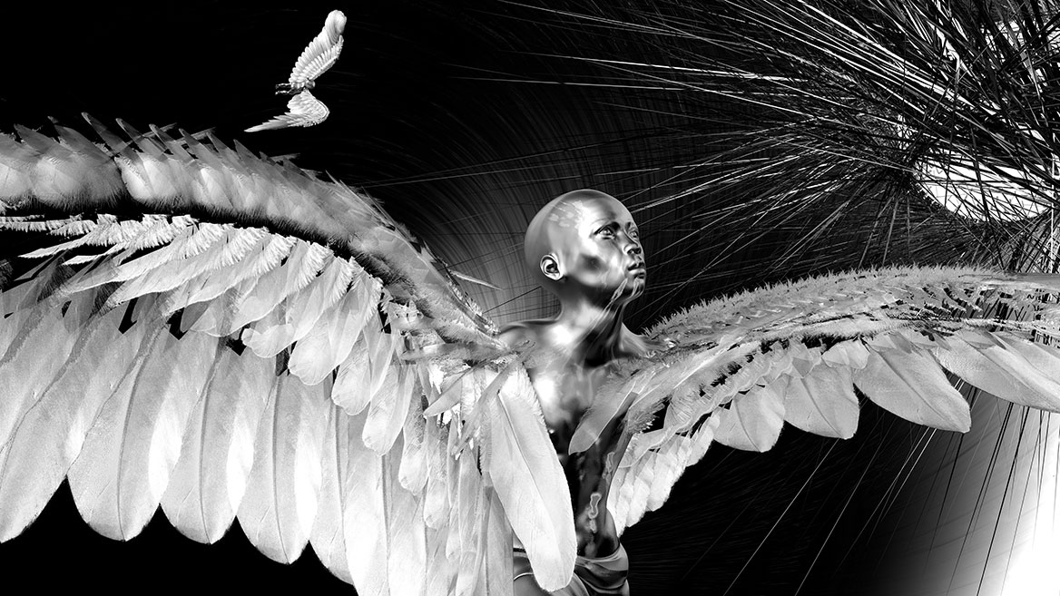 Die geflügelte Menschengruppe setzt sich aus einer erwachsenen und drei kleinen Chimären zusammen, denen Flügel statt Arme gewachsen sind. Auf diesem digitalen Gemälde schaut die erwachsene Chimäre besorgt in den Himmel in Richtung der zerstörerischen Sonne. Im Himmel kreist bereits eine kindliche Chimäre.