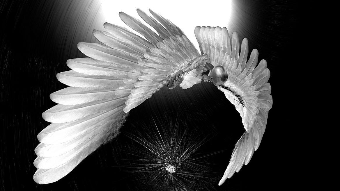 Der neue Ikarus, fliegende Chimäre aus Mensch und Vogel betrachtet nach der Flucht die Sonne aus der Ferne.