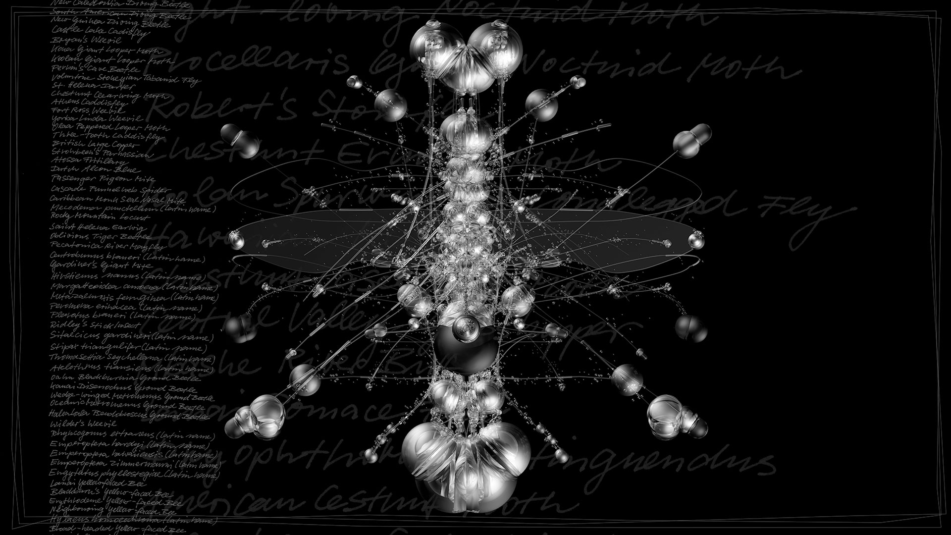 Artistic 3D-visualization of a fantastic insect, composed of transparent elements in front of a black background. Total view of 'VEGA' (the Queen) from the picture series 'Insects leave now'. The calligraphically written names of extinct insects are listed in the background.