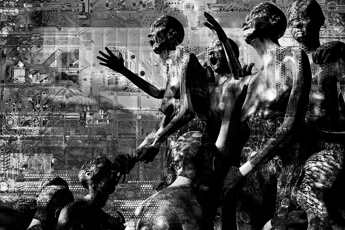 Eine jubelnde Menschenmenge verfolgt ein nicht sichtbares Schauspiel außerhalb der Bildfläche. Die Gruppe blickt in Richtung des linken Bildrandes. Unten in der Bildkomposition stehen Figuren, die sich in entgegengesetzter Richtung den höher stehenden Menschen zu unterwerfen scheinen.