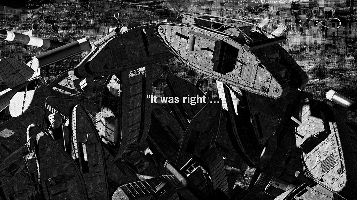 Standbild aus der Animation. Der Bildausschnitt zeigt die kreisenden Mark V-Panzer und die eingeblendete Typografie ‘It was right …’.