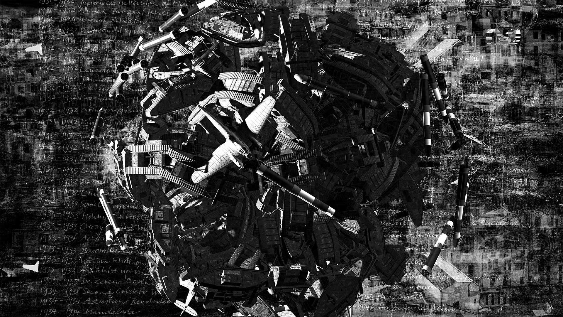 Still aus der Animation THE OTHER SIDE HAS. Panzer, Bomber und Raketen umkreisen den Erdball, endlos, wie in einer gewaltigen Kriegsmaschine. In dunklen, SW-Tonwerten und mit der durchlaufenden, handschriftlichen Liste von Kriegsereignissen im Hintergrund, ergibt sich eine apokalyptische Bildwirkung.