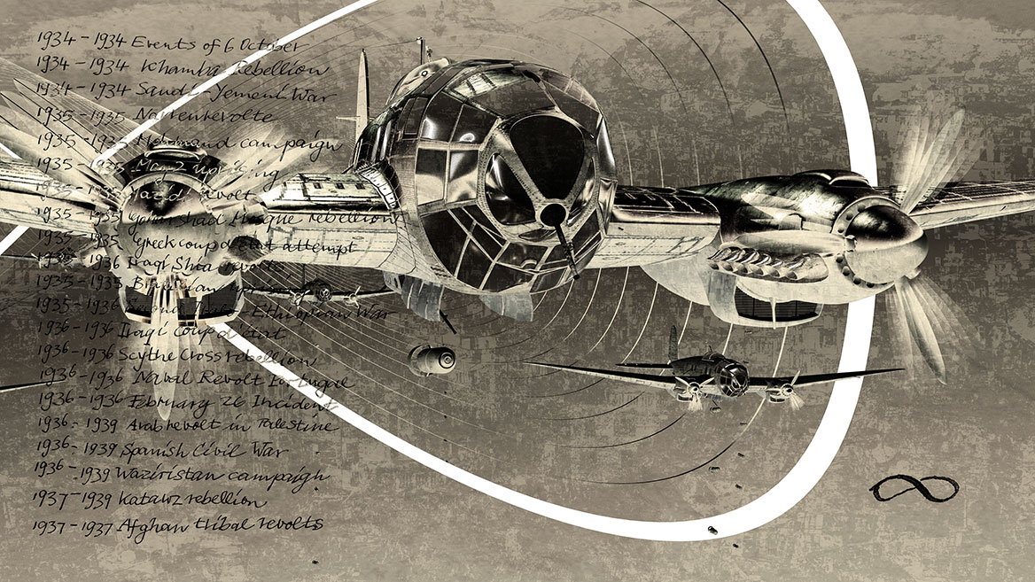 Bei der leicht schrägen, fast frontalen Nahansicht des Bombers, werden Details des Flugzeuges sichtbar: die vordere Bordkanone, Rotoren, Turbinen, Bleche und Nieten der Flugzeughülle, die vordere Kanzel und Bombenschacht-Abdeckungen.