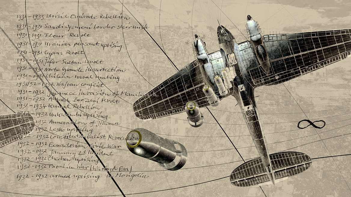 Ein Heinkel-Bomber befindet sich perspektivisch direkt oberhalb des Bildbetrachters. Die Bomben aus dem Flugzeug fallen direkt auf einen zu. Die Auflistung der Konflikte und Kriege setzt sich über alle Bilder der Serie fort. Die Machart ist ebenfalls bei allen Motiven ähnlich.