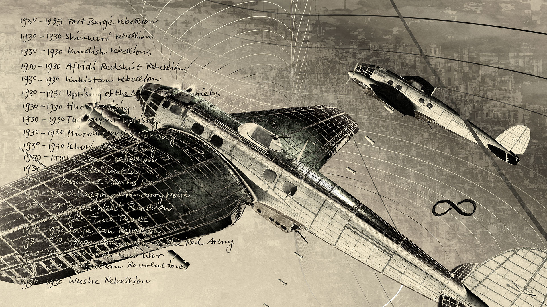 Zwei deutsche Bomber aus dem zweiten Weltkrieg durchqueren, vom rechten Bildrand kommend, die Bildfläche. Aus den Bombenschächten fallen Bomben. Auf der linken Bildseite sind Konflikte und Kriege, beginnend mit dem Jahr 1930, handschriftlich aufgelistet. Unendlichkeitsschleifen reihen sich hintereinander, in die Bildtiefe gestaffelt. Das Unendlichkeitszeichen ist signethaft nochmals separat abgesetzt. Das Bild ist in beigen Farbtönen gehalten. Im Hintergrund ist eine zerbombte Stadt zu sehen.