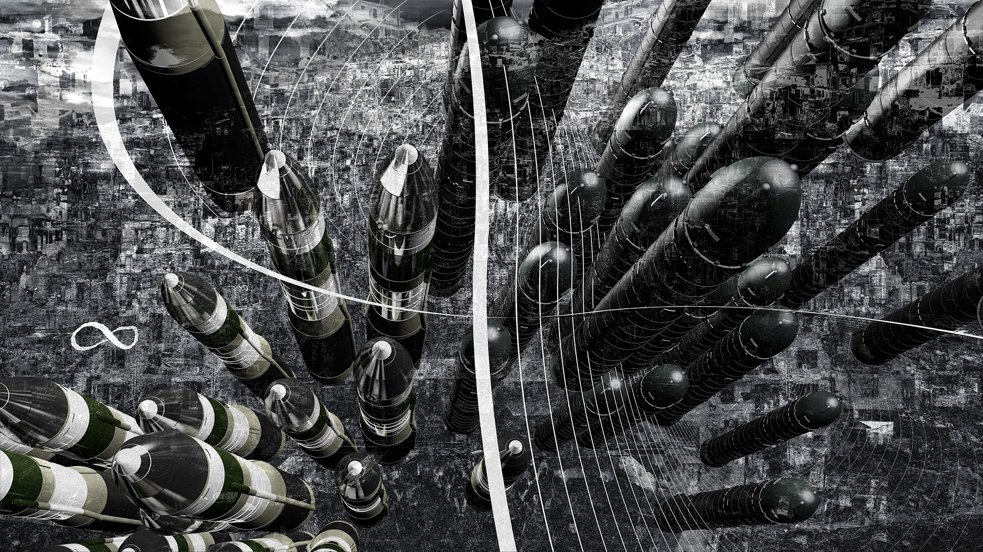 Gebündelte atomare Interkontinental-Raketen sind, frontal auf den Bildbetrachter ausgerichtet, vor dem Bildgrund platziert, parallel zu grafischen Endlosschleifen. Die düsteren und entsättigten Farben erzeugen eine kalte, trostlose Bildstimmung. Im Hintergrund ist eine Kulisse der Vernichtung in Form von zerstörten urbanen Strukturen angedeutet.