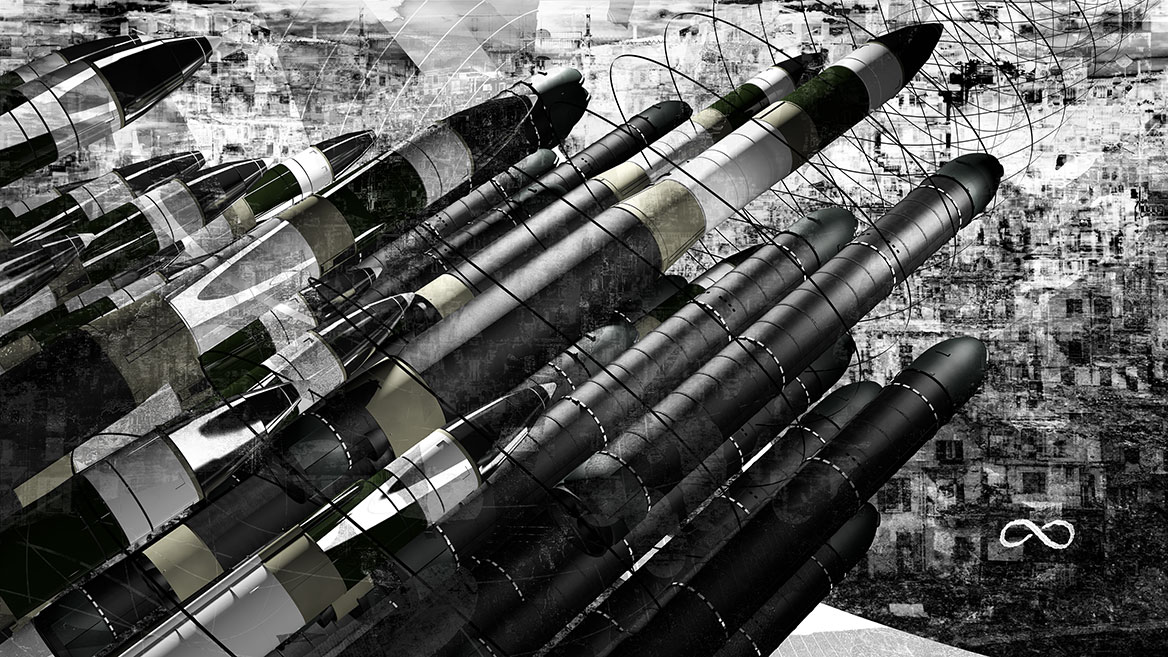 Die Atomwaffen wirken, diagonal ausgerichtet, wie zum Abschuss bereit.