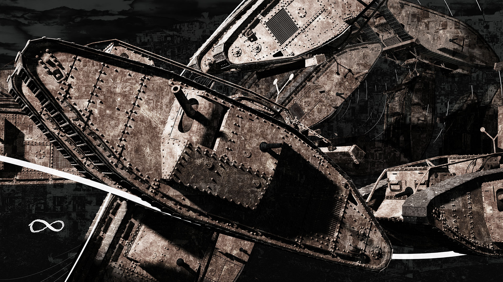 Englische Panzer aus dem Ersten Weltkrieg vom Typ Mark V durchkreuzen sich auf Endlosschleifen in mehreren Ebenen und kehren immer wieder zu ihren Ausgangspunkten zurück. Das dunkle Umfeld, die hohen Kotraste und die entsättigten Farben geben den Bildern der Bildserie eine düstere Kriegsstimmung.