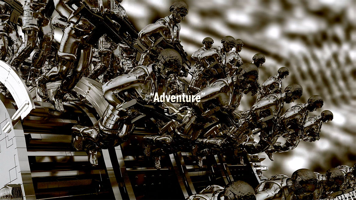 Standbild aus der Animation. Halbtotale auf die Soldatenreihen an der vorderen Abbruchkante, die auf dem Weg nach unten sind, von der Seite gesehen. Das englische Wort -Adventure- steht in weißer Typografie zentral im Bild und ist mit An- und Abführungszeichen gesetzt. Darunter ist das mathematische Unendlichkeitszeichen abgebildet, dass in der Animation fast durchweg um eine unsichtbare, vertikale Achse rotiert.