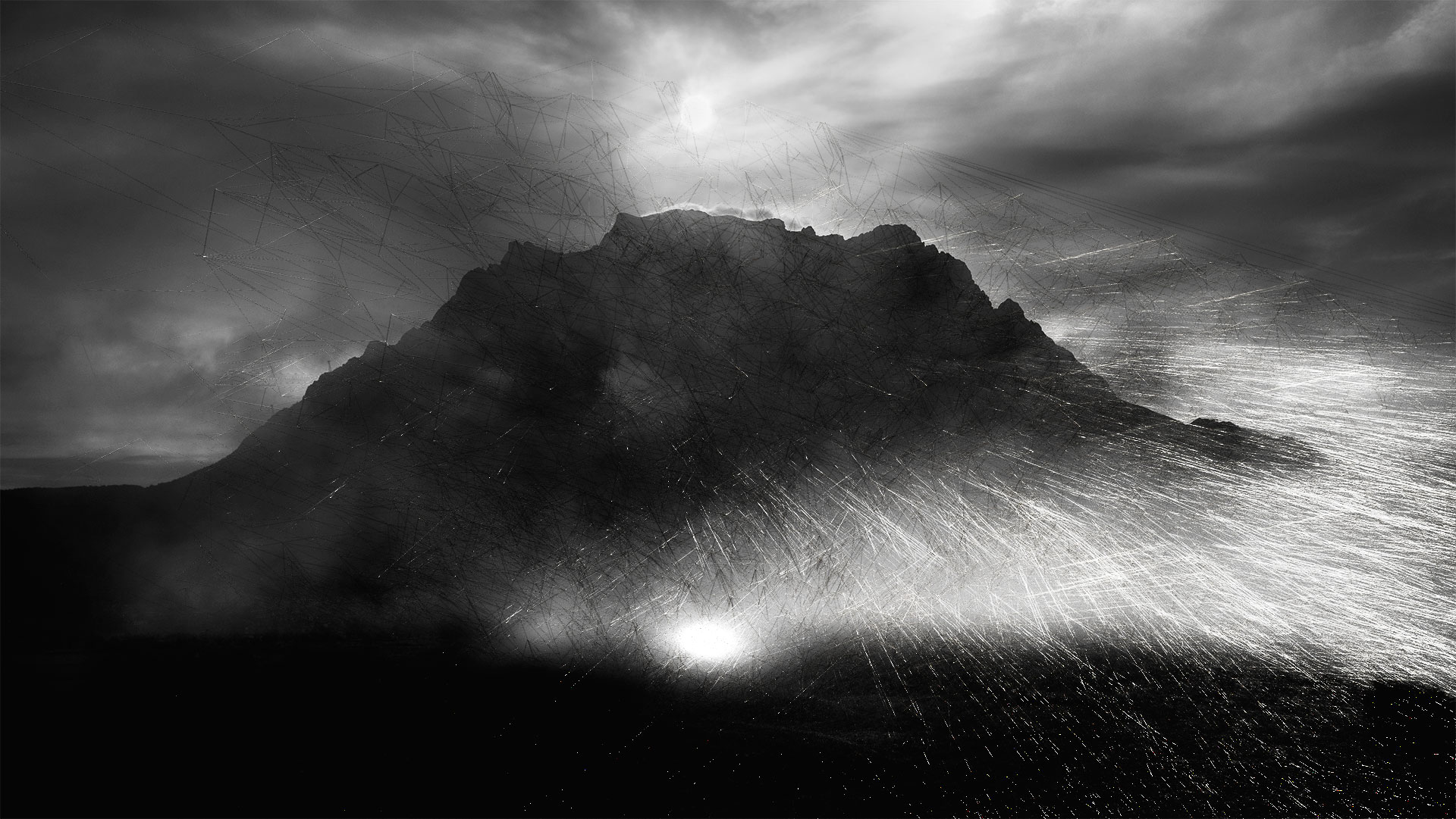 The third and last digital painting depicts a mountain massif frontally. It is the Zugspitze, seen from the Austrian side. The mountain stands backlit in front of you and is surrounded by clouds, into which aggressive rays spread, towards the right side of the image. In the cloud layer, a strong light shines at the foot of the mountain massif.