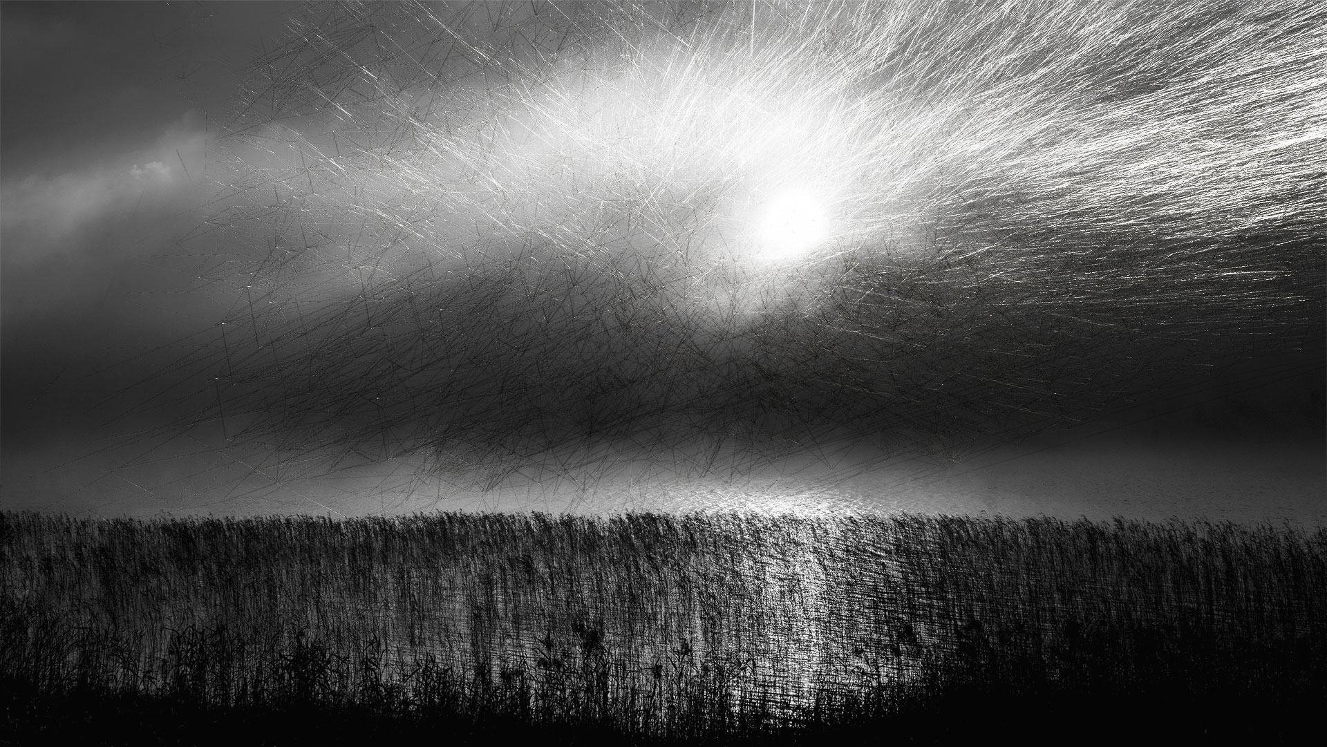 The second motif of the image series shows a lake surface in the backlight. It is the Tegernsee in Bavaria. The front water and shore area is covered by a reed field. Aggressive rays emanate from the glaring sun, covering most of the cloudy sky. This work of art also radiates a dark underlying mood.