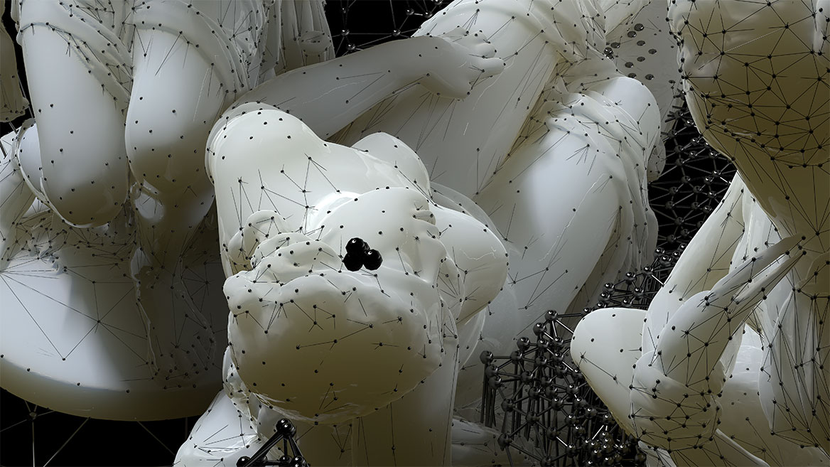 The smooth, shiny and beige surface shows the face and naked body of the beautiful Venus. The bodies of two nymphs and a swan are cut at the edge of the picture. Above the head of Venus floats a group of spheres.
