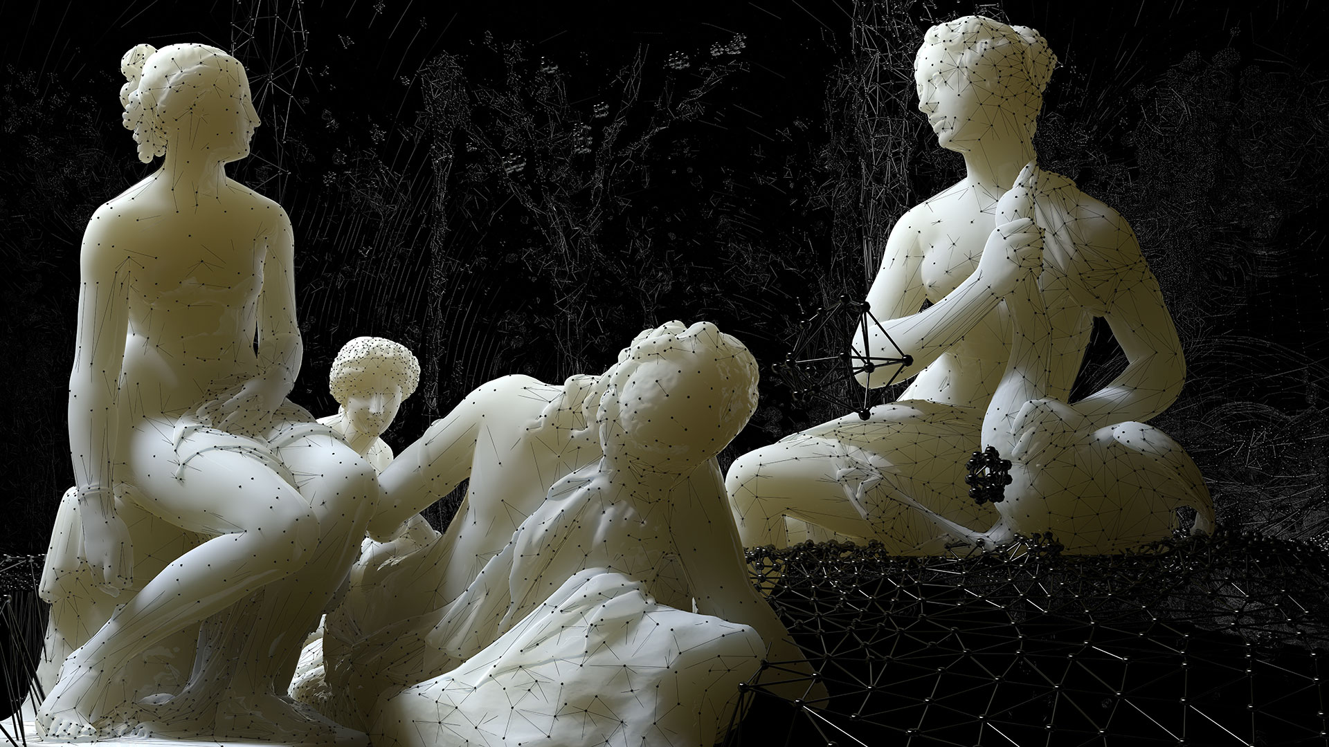 Three nymphs sit together and discuss. One of the nymphs holds a swan in her arms. Venus is lying on the ground. Is she dead or just sleeping? The group of women is executed with a marble-like textured surface, the background of the picture is kept black and filigree drawn by a shiny silver network of 3D meshes. In the painting, the classical look of the figures meets with a contemporary rendering of mesh-like structures. The figures are at eye level with the viewer.