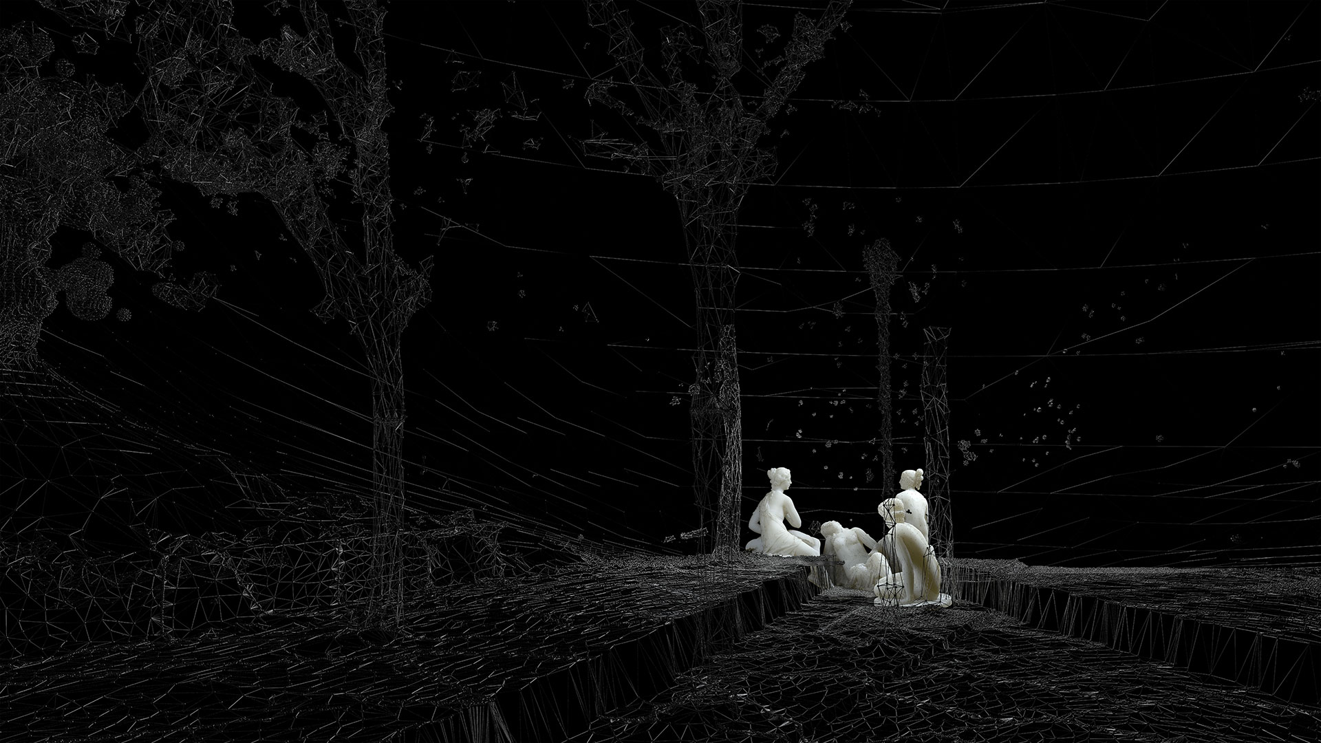 In the long shot, the women are much further away. The abstract, net-like structures of the park landscape form an interesting contrast to the figurative representation of the group of women.