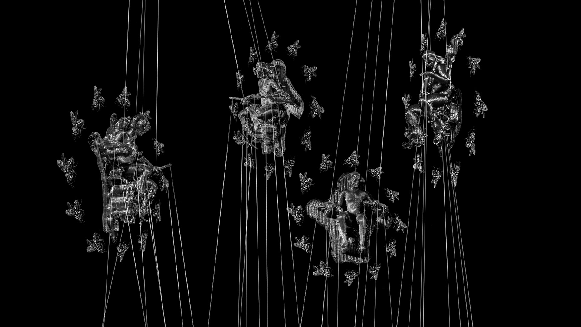 On the third panel level, four subordinates hang, their strings leading to the last, fourth level.