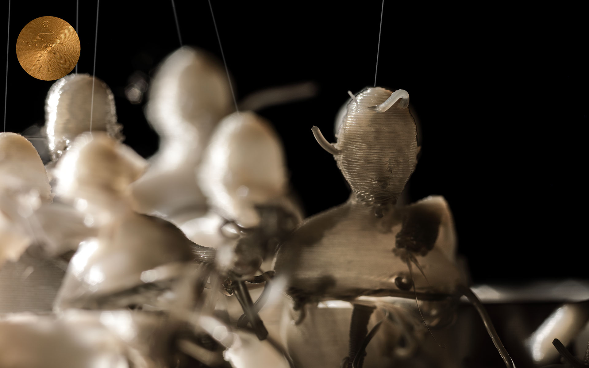 On the right edge of the group, the focus is on a figure with growths on its head that appears deformed.