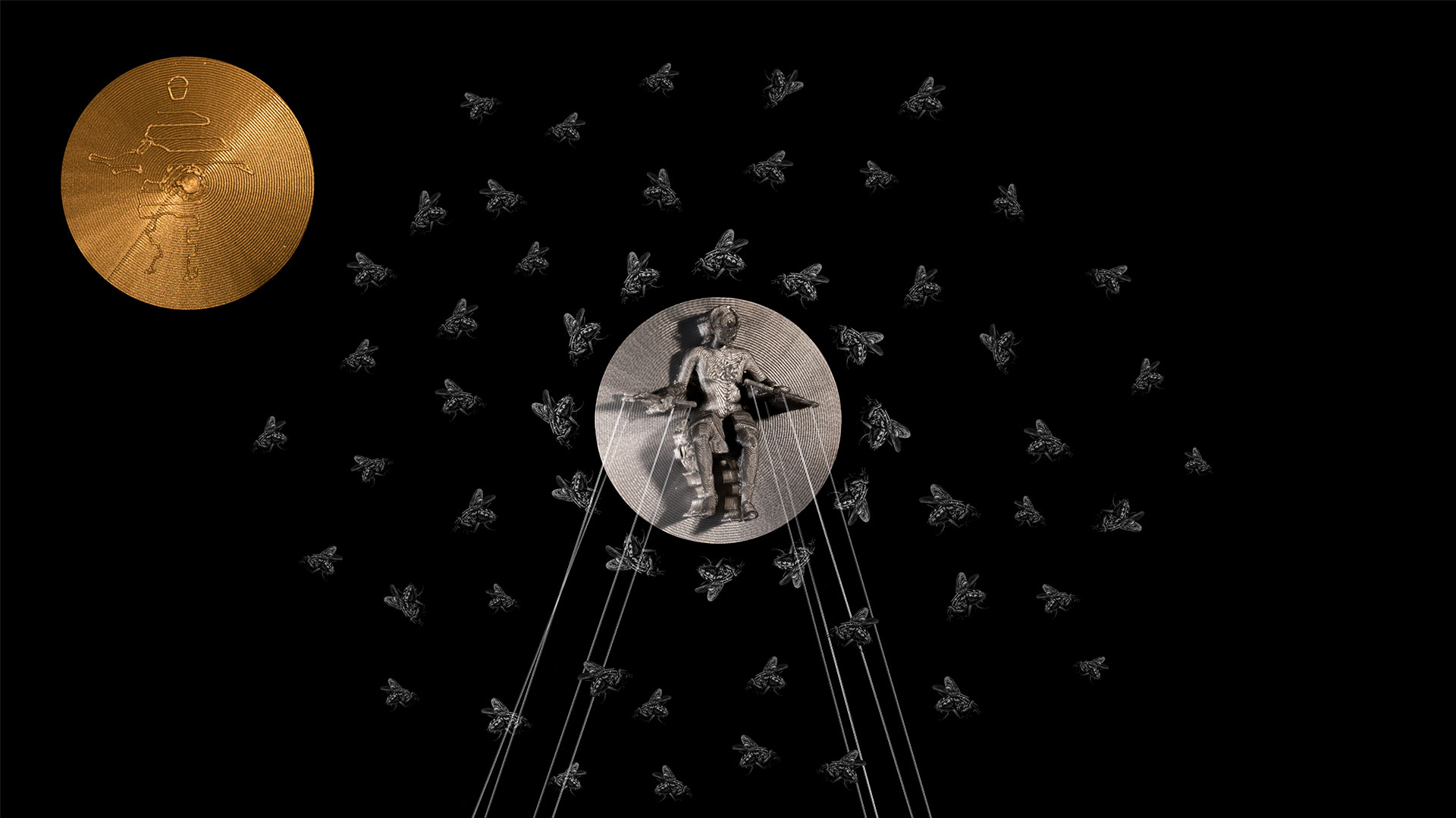 The first panel of the large portrait format shows a central, enthroned figure of power against a deep black background, pulling strings like a puppeteer. On the following three panels, the strings lead to deeper levels of power, where more and more subordinate puppeteers fan out. The levels depict typical hierarchies as found in politics and corporations. The silver-metallic surface of the figure was achieved using a 3D printer, and the ensemble was artistically staged and photographed. The figure appears ornamental, surrounded by a swarm of flies. In the upper left corner is a golden, circular logo with minimalist, abstract contours. They could represent a mysterious person.