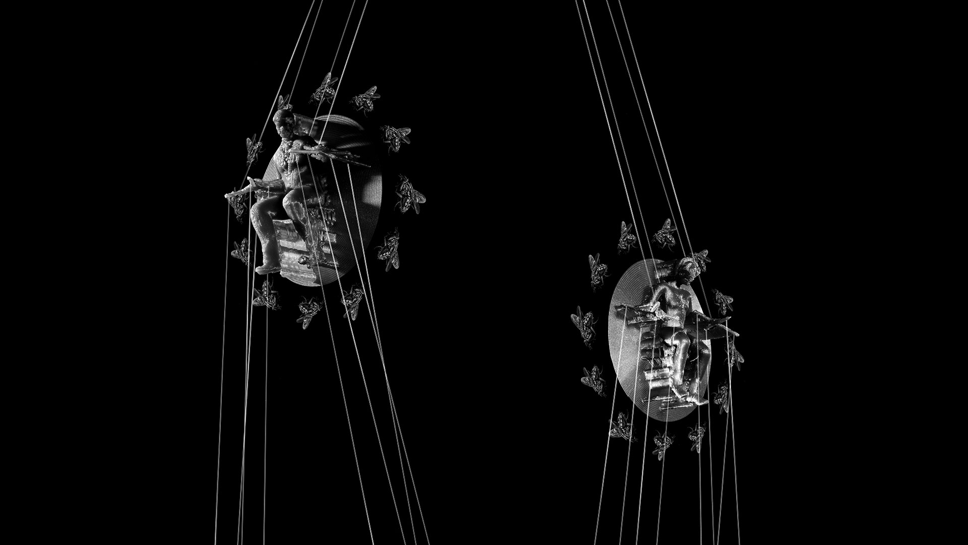 On the second panel, two managers hang from the strings of the highest position of power, controlling the figures on the next, third level.