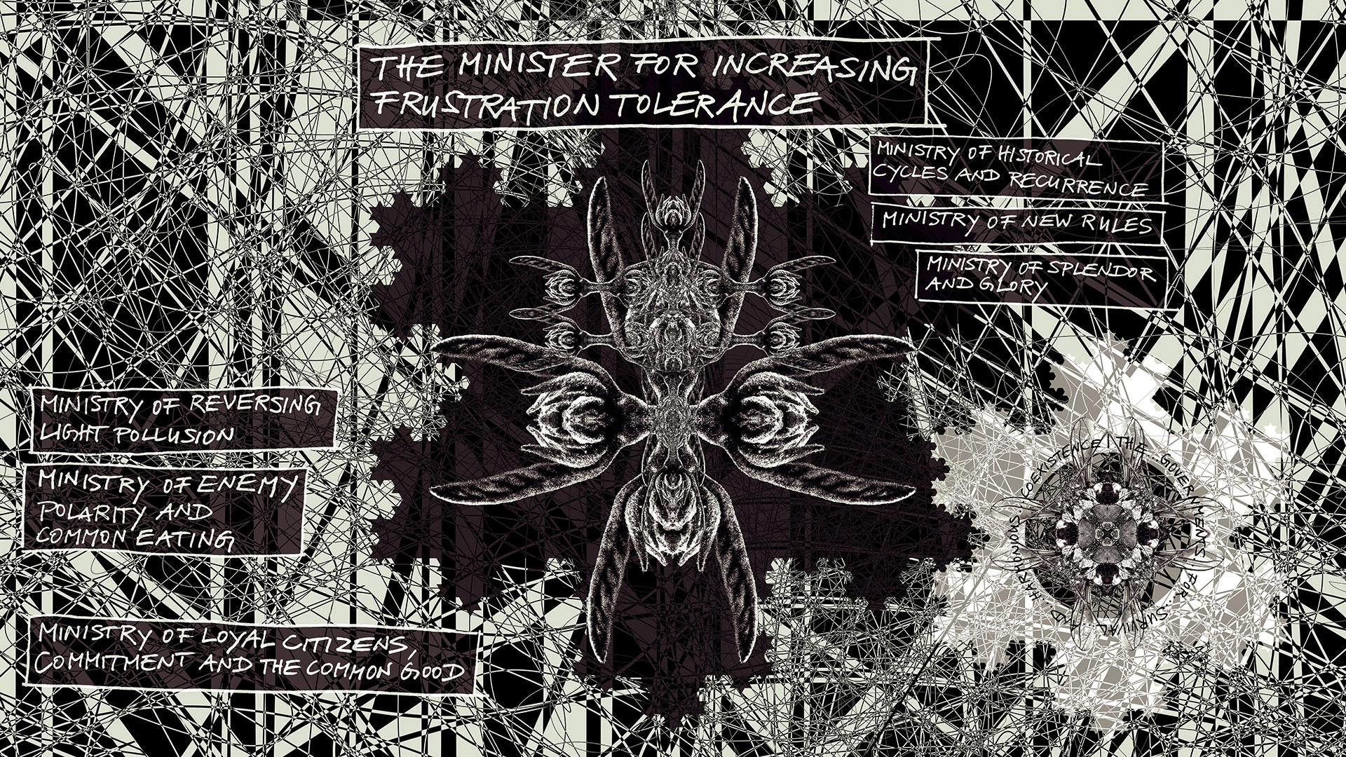 The minister’s insect-like fantasy creature bears the title: The Minister for Increasing Frustration Tolerance. The ministries described further are entitled: Ministry of Reversing Light Pollution, Ministry of Enemy Polarity and Common Eating, Ministry of Loyal Citizens, Commitment and the Common Good, Ministry of Historical Cycles and Recurrence, Ministry of New Rules, Ministry of Splendor and Glory.