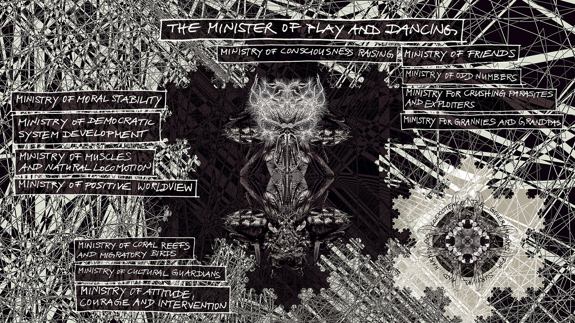 The minister’s insect-like fantasy creature bears the title: The Minister for Playing and Dancing. The other ministries described are called: Ministry of Moral Stability, Ministry of Democratic System Development, Ministry of Muscles and Natural Locomotion, Ministry of Positive Worldview, Ministry of Coral Reefs and Migratory Birds, Ministry of Cultural Guardians, Ministry of Attitude, Courage and Intervention, Ministry of Friends, Ministry of Odd Numbers, Ministry of Crushing Parasites and Exploiters, Ministry for Grannies and Grandpas.