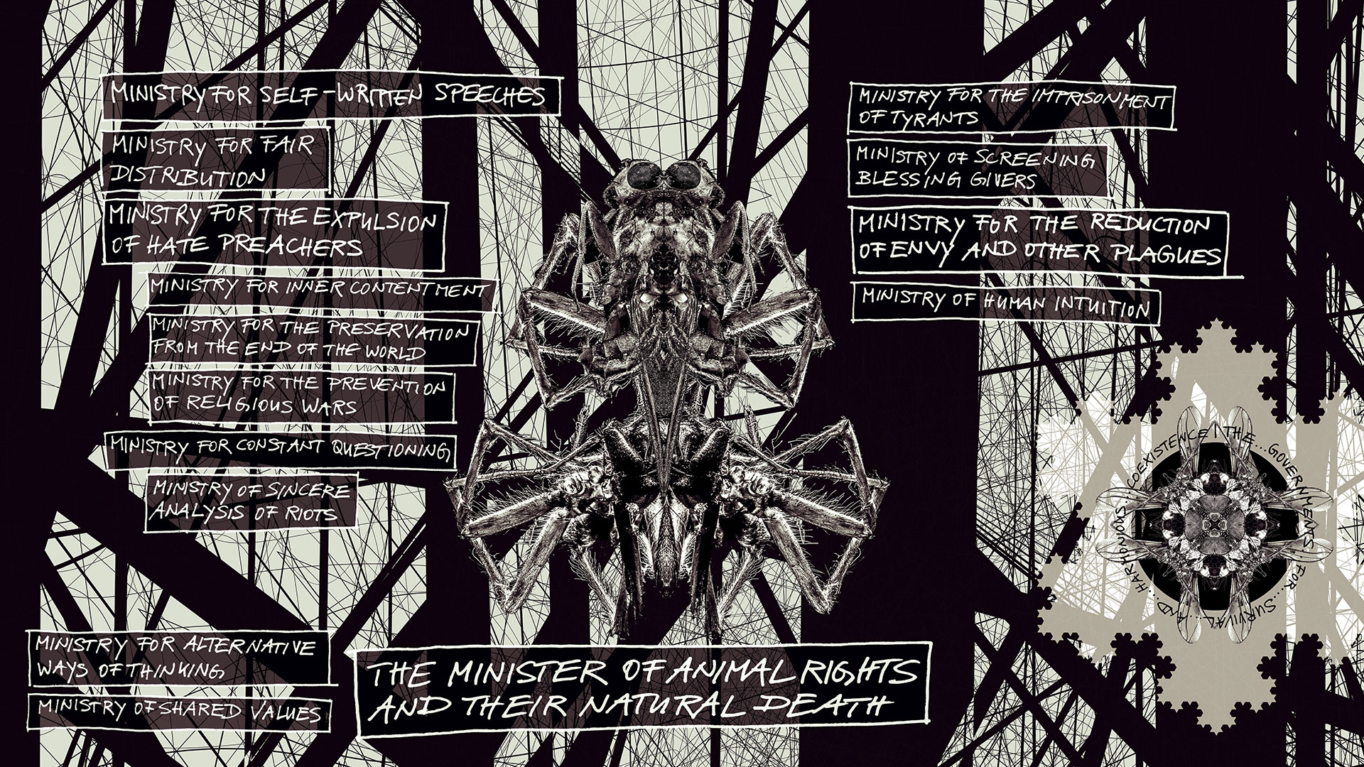 The minister’s insect-like fantasy creature bears the title: The Minister for Animal Rights and their Natural Death. The ministries described further are entitled: Ministry for Self-Written Speeches, Ministry for Fair Distribution, Ministry for the Expulsion of Hate Preachers, Ministry for Inner Contentment, Ministry for the Preservation from the End of the World, Ministry for the Prevention of Religious Wars, Ministry for Constant Questioning, Ministry of Sincere Analysis of Riots, Ministry for Alternative Ways of Thinking, Ministry of Shared Values, Ministry the Imprisonment of Tyrants, Ministry of Screening Blessing Givers, Ministry for the Reduction of Envy and Other Plagues, Ministry of Human Intuition.