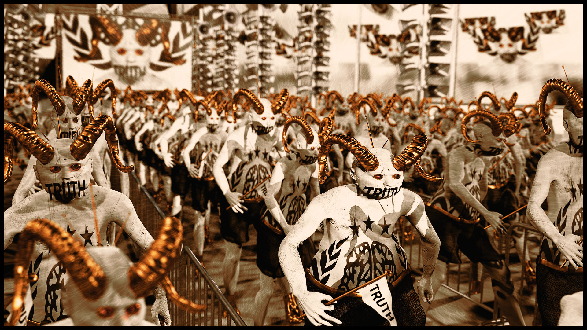 Semi oblique shot from slightly above. The horned ones hold pennants with the battle cry ‘Truth’ in their hands. Confused facial expressions and fixed stares give the creatures an unreal expression. In the background, the leader is blurred on the stage banner.
