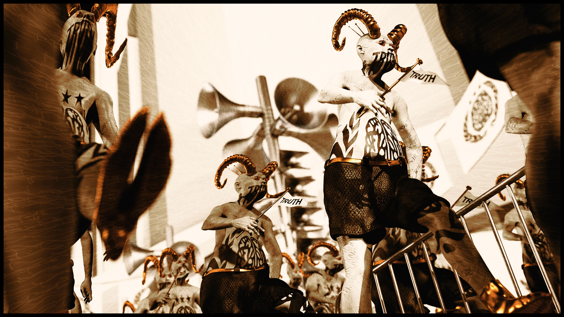 In another frog perspective, the image detail is focused on a horned marcher. This makes the creature appear more vulnerable.