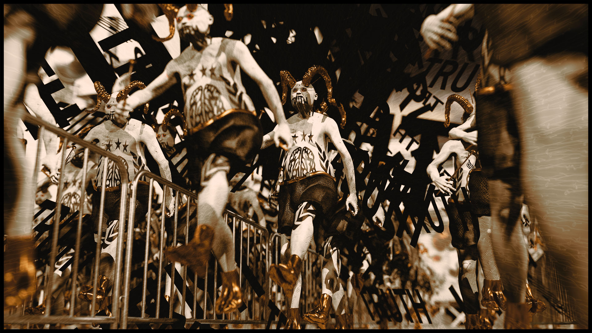 In the frog perspective, the boots of the marching movement become visible. They have the shape of animal hooves and are also golden. The uniformed mob is wearing short black pants. The focus is on a horned man in the center of the picture.