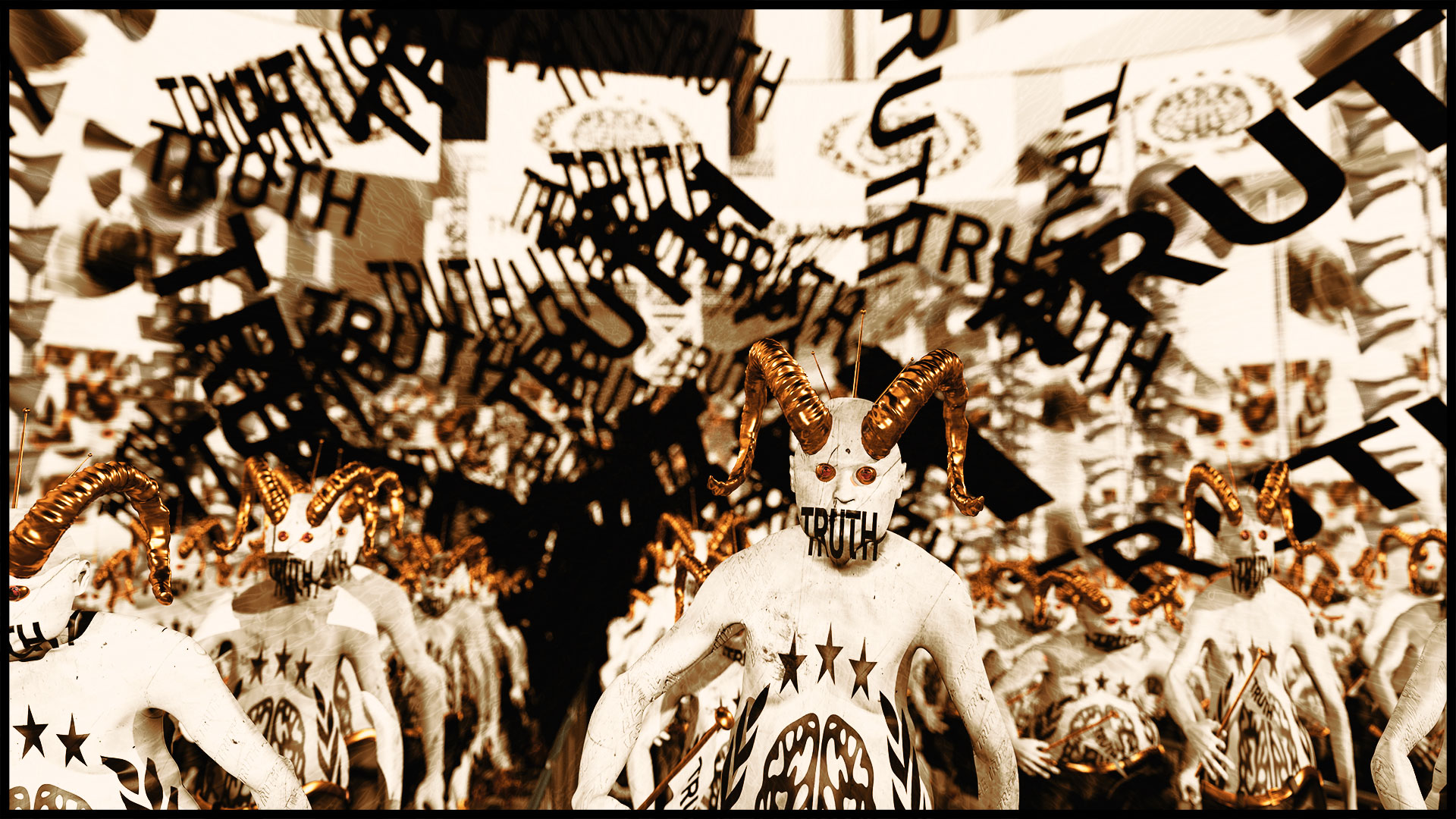 Pictured frontally, one looks directly into the eyes of a participant. Large tattoos on the belly reveal the movement’s logo: a stylized brain surrounded by ears of corn and three stars. Above those marching further back, blurred black slogans buzz over the horned heads, which can be deciphered as ‘Truth’ on closer inspection.