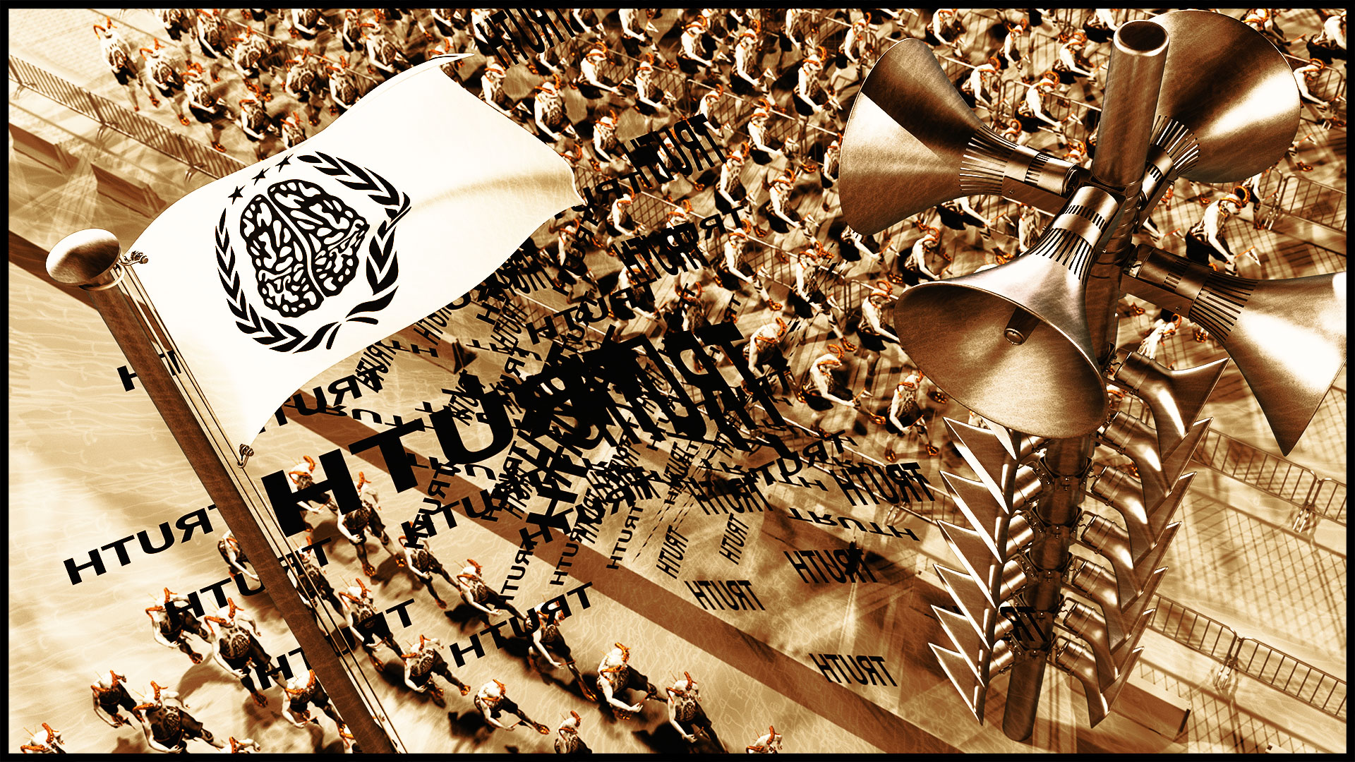 Bird’s eye view of the scene. Largely depicted is a flag with the brain logo of the movement and a pole full of loudspeakers. Above the crowd float the battle cries.