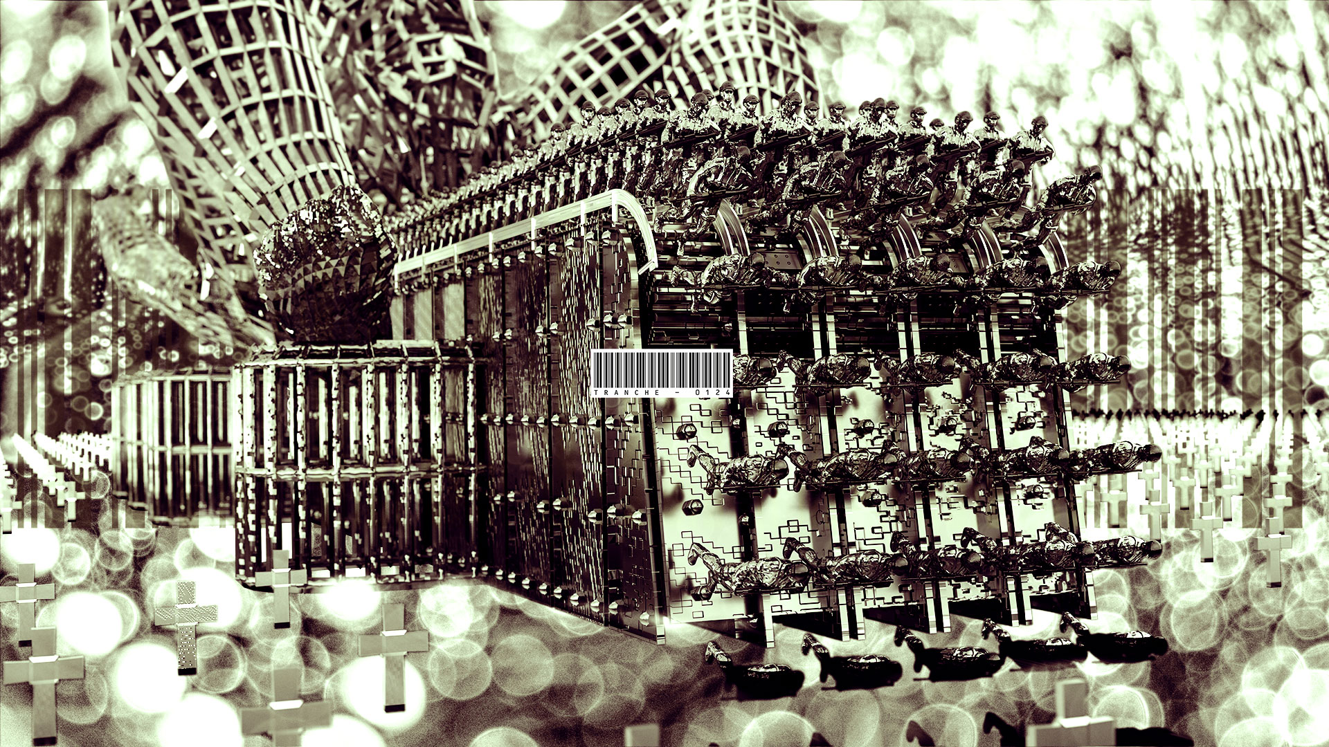 The oblique view from the front shows the soldiers marching in rows as they reach the end of the conveyor belts, descend to their doom and disappear into the ground.