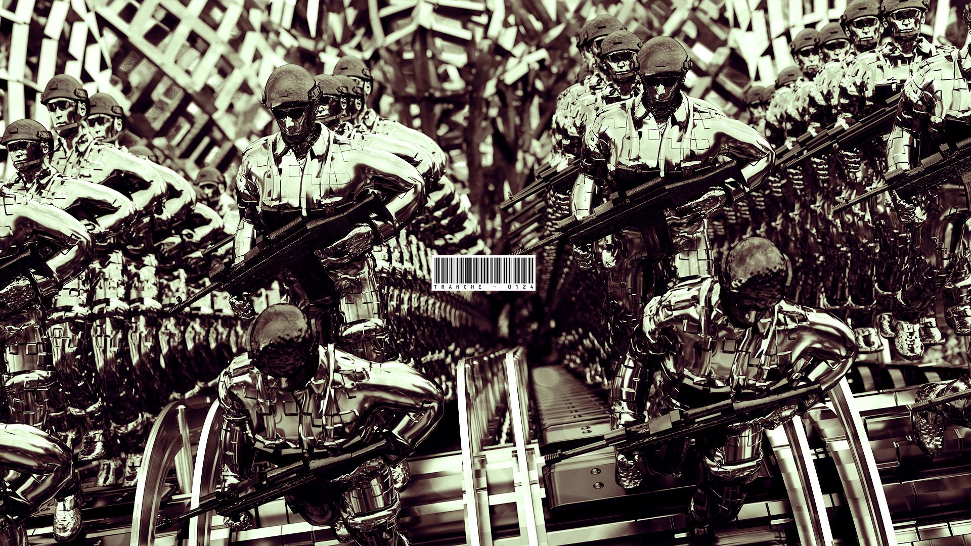 Arriving at the edge of the conveyor belts, the direction of march changes downwards. The front view of the soldiers indicates the fall.