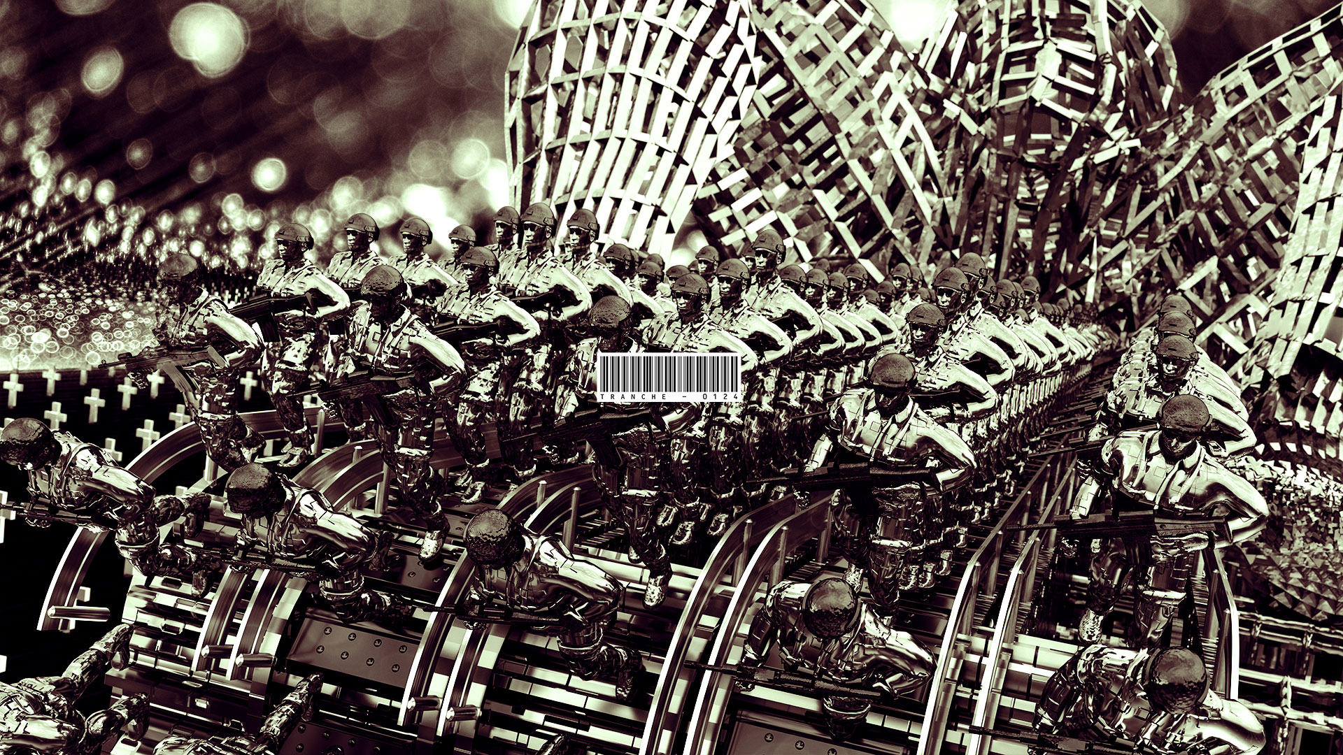 The oblique view shows the rows of soldiers as they are produced from the belly of the birthing woman's steel skeleton.