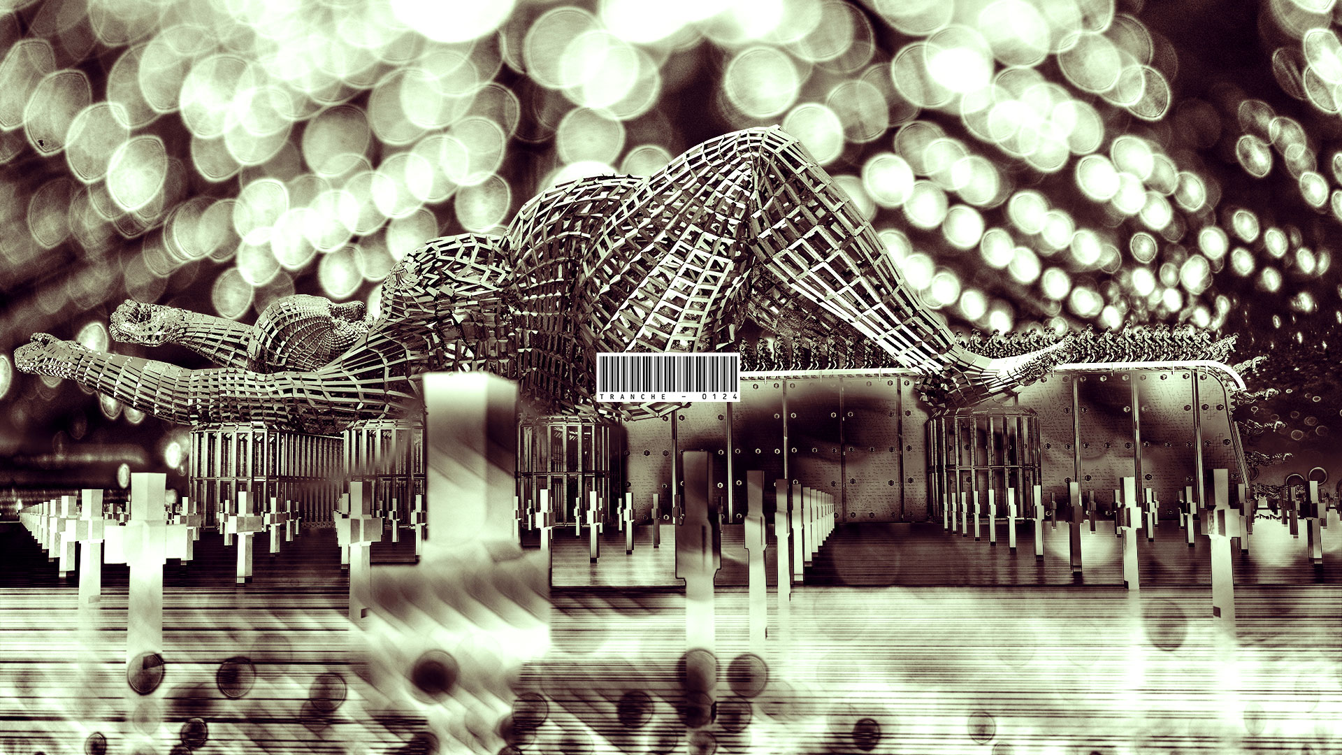 A side view of a woman giving birth in steel. The artificial figure appears to be constructed from steel girders. Columns of soldiers march out of her womb in rows. They are also transported out of the womb on conveyor belts. The iron substructure made of metal plates, together with the mechanical mother, reinforces the impression of a production machine. In the foreground, many bright crosses can be seen, as we know them from military cemeteries. The digital compositions of the picture series are kept in golden, metallic tones. A variety of lights can be seen in the background.