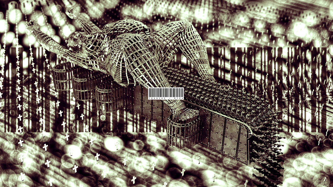 An aerial perspective of an unreal scene: soldiers on conveyor belts emerge from a metal birthing machine and, having reached the front edge of the birthing machine, fall into the abyss. A barcode can be seen in the center of the picture, with intense lighting effects in the background. The scenery is kept in golden tones.