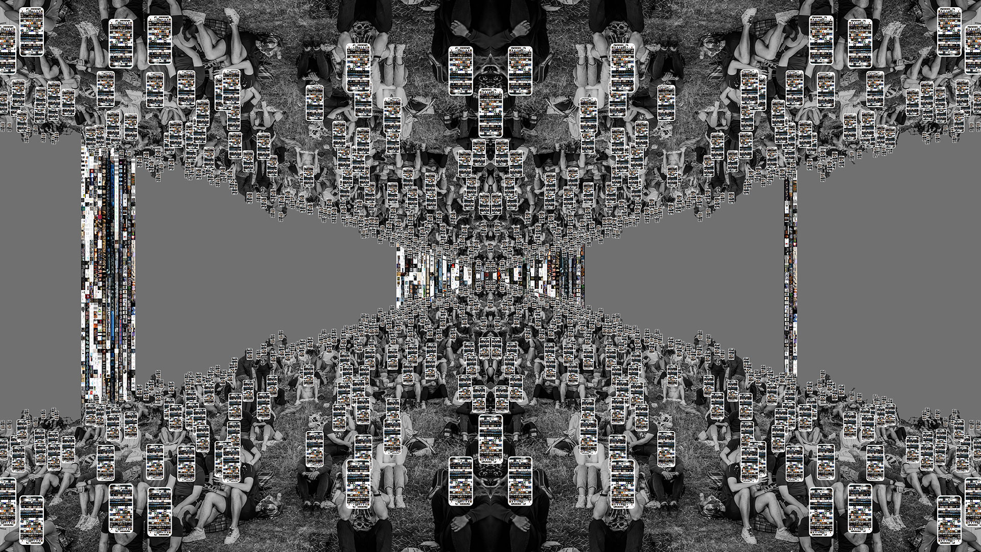 The crowd of people is mirrored vertically, including the hill. Rows of screenshots connect the lower and upper halves of the image. The digital work of art appears unreal due to the reflection.