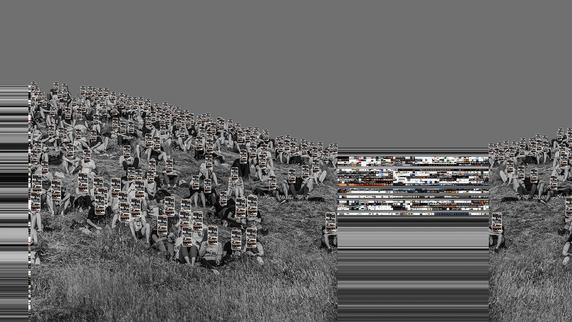 Camera closer to the people again. The group is torn apart in this work of art. On the left edge of the picture and in the right half of the work of art, horizontal lines connect the divided body fragments. It looks as if the images were only stretched at the corresponding parts of the picture. Again, colored screenshots of digital images are lined up on the horizontal image lines.