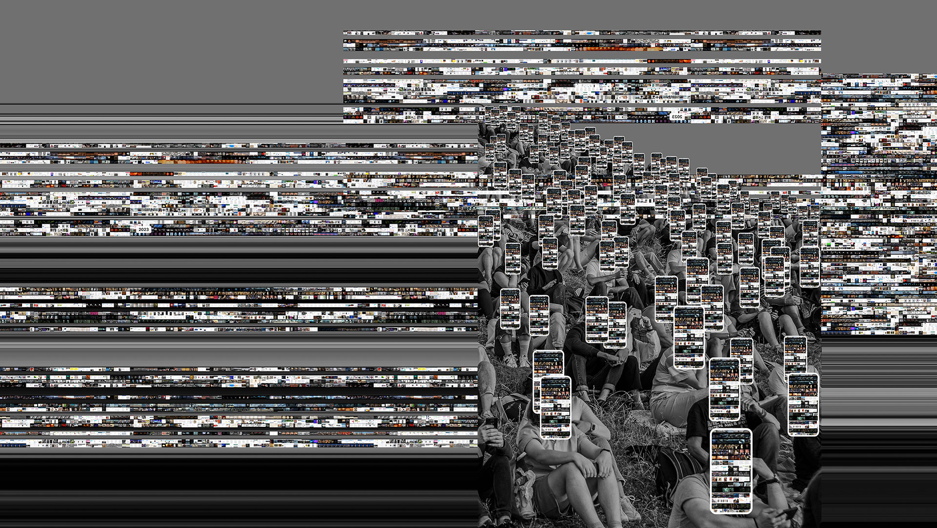 Bildbestimmende horizontale Linien stören die Menschengruppe massiv von der linken und rechten Bildseite des Kunstwerkes, auch oberhalb der Köpfe sind die markanten Screenshots angeordnet.